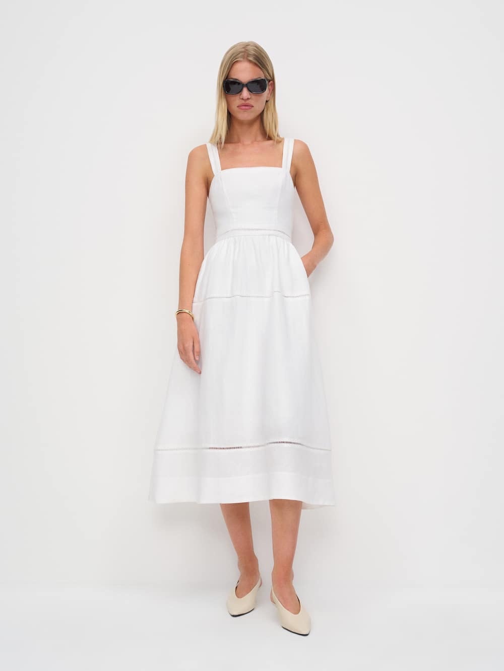 Reformation Everett Linen Dress White Midi Size 0 Square Neck Tiered